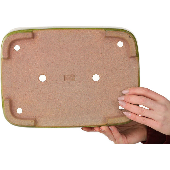 Pot à bonsaï rectangulaire vert citron par Seizan (Reihou, Kataoka Katsushi, maître four Seizan) - 317 x 230 x 87 mm