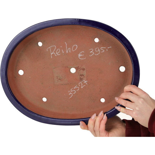 Oval dark blue bonsai pot by Seizan (Reihou, Kataoka Katsushi, master Seizan kiln) - 385 x 295 x 60 mm