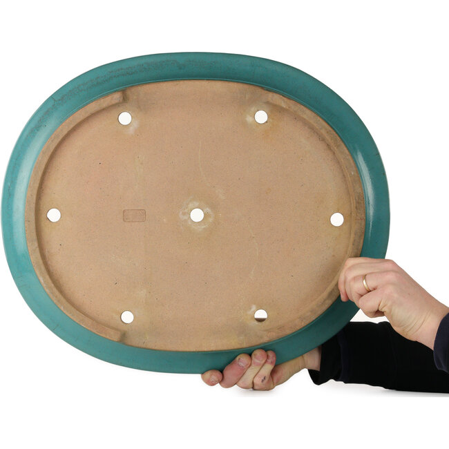 Ovale türkisfarbene Bonsaischale von Seizan (Reihou, Kataoka Katsushi, Meister Seizan-Ofen) – 557 x 465 x 105 mm