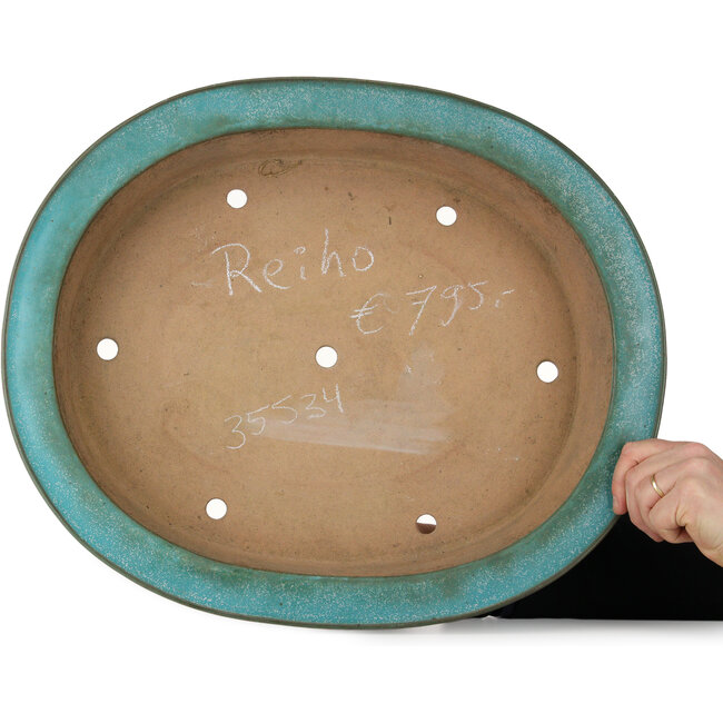 Ovale turquoise bonsaipot van Seizan (Reihou, Kataoka Katsushi, meester Seizan oven) - 557 x 465 x 105 mm