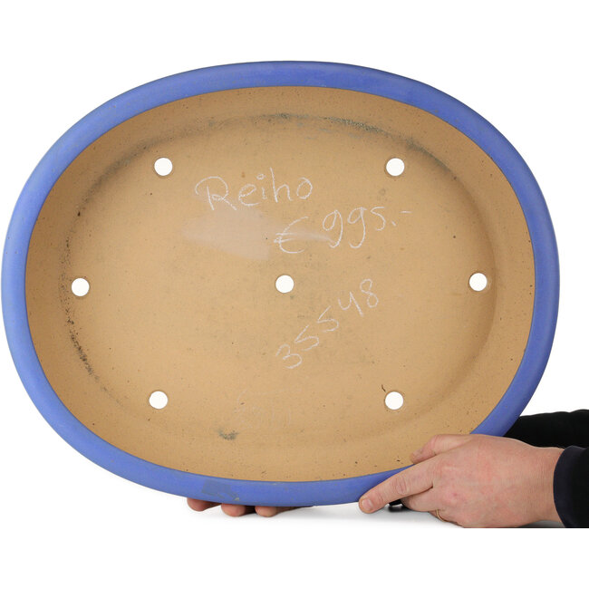 Oval blue bonsai pot by Seizan (Reihou, Kataoka Katsushi, master Seizan kiln) - 560 x 450 x 115 mm