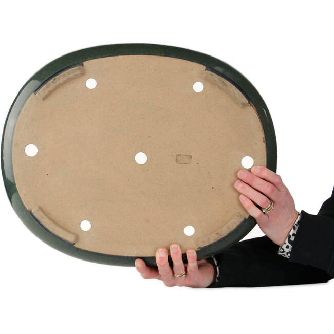 Ovale groene bonsaipot van Seizan (Reihou, Kataoka Katsushi, meester Seizan oven) - 445 x 355 x 95 mm