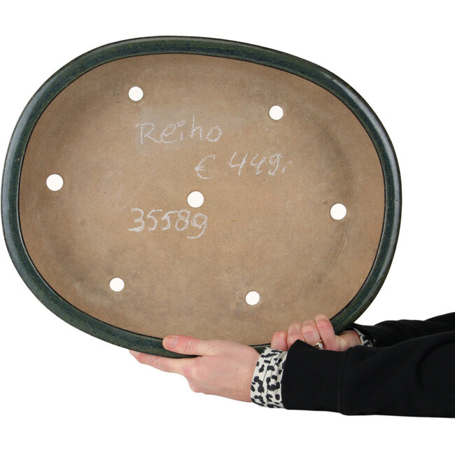 Oval green bonsai pot by Seizan (Reihou, Kataoka Katsushi, master Seizan kiln) - 445 x 355 x 95 mm