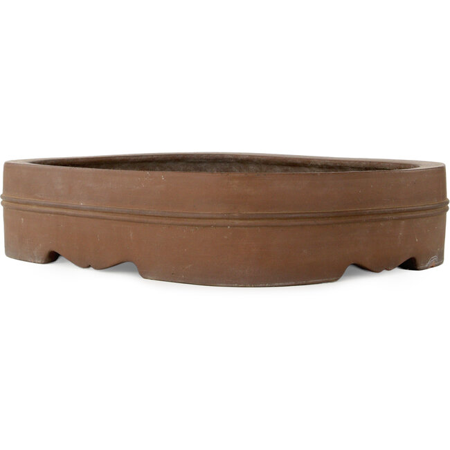 Oval unglazed bonsai pot by Akira Shozan (Mr. Akira Watanabe and Mr. Fumikazu Watanabe, Jukousan) - 452 x 370 x 100 mm
