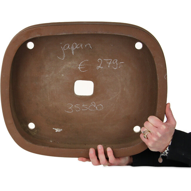 Oval unglazed bonsai pot by Akira Shozan (Mr. Akira Watanabe and Mr. Fumikazu Watanabe, Jukousan) - 452 x 370 x 100 mm