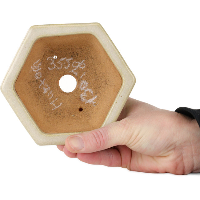 Hexagonal off-white bonsai pot by Hattori - 128 x 128 x 70 mm