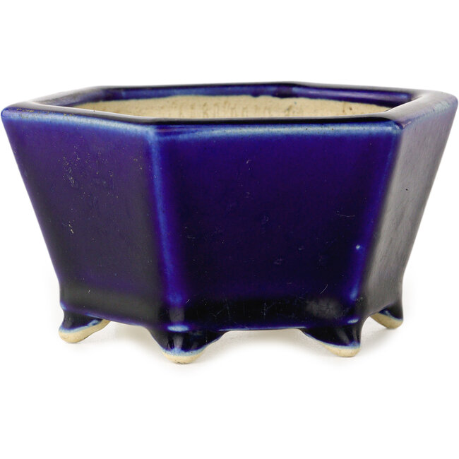 Hexagonal blue bonsai pot by Horie Bikoh - 105 x 105 x 55 mm
