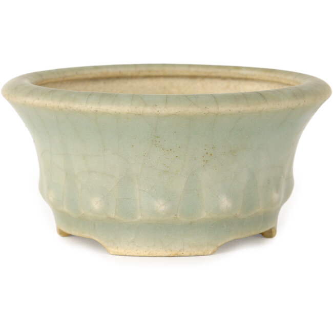 Round light blue craquelé bonsai pot by Horie Bikoh - 95 x 95 x 47 mm