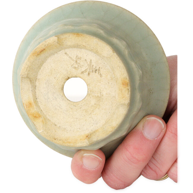 Ronde, lichtblauwe bonsaipot met craquelé-effect van Horie Bikoh - 95 x 95 x 47 mm