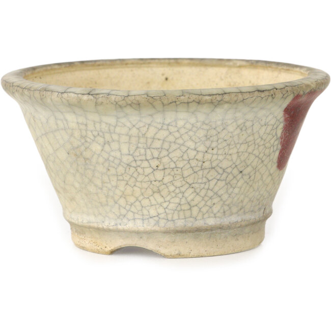Round white craquelé with a red dot bonsai pot by Horie Bikoh - 85 x 85 x 47 mm