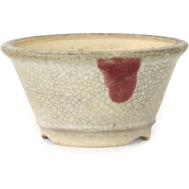Maceta redonda para bonsái con craquelado blanco y puntos rojos de Horie Bikoh - 85 x 85 x 47 mm