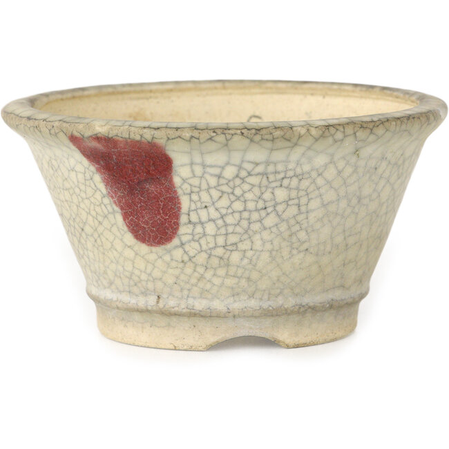 Pot à bonsaï rond blanc craquelé à point rouge par Horie Bikoh - 85 x 85 x 47 mm