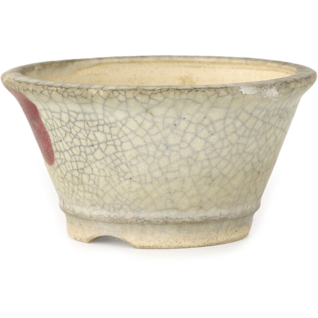 Pot à bonsaï rond blanc craquelé à point rouge par Horie Bikoh - 85 x 85 x 47 mm