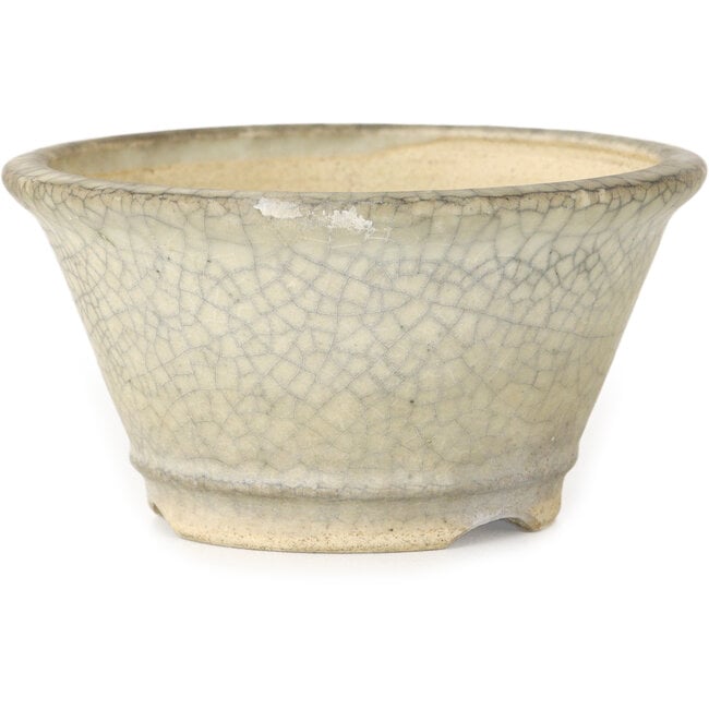 Ronde witte bonsaipot met craquelé-afwerking en rode stip van Horie Bikoh - 85 x 85 x 47 mm