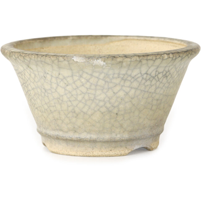 Vaso bonsai rotondo bianco craquelé con punto rosso di Horie Bikoh - 85 x 85 x 47 mm