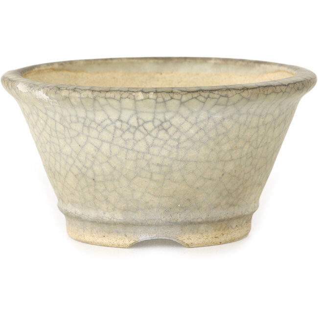 Vaso bonsai rotondo bianco craquelé con punto rosso di Horie Bikoh - 85 x 85 x 47 mm