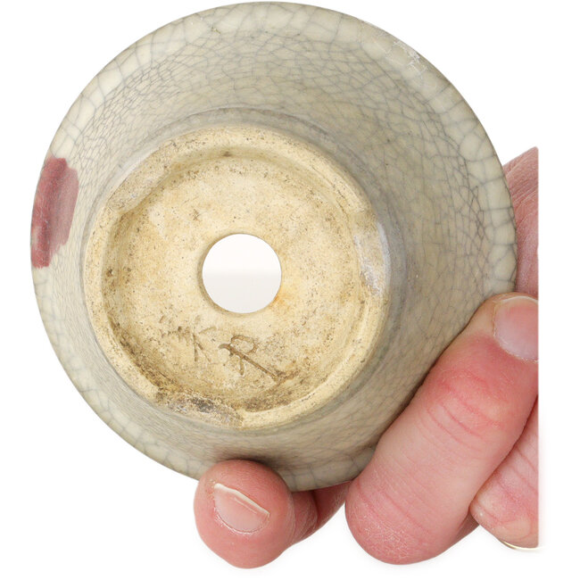 Vaso bonsai rotondo bianco craquelé con punto rosso di Horie Bikoh - 85 x 85 x 47 mm