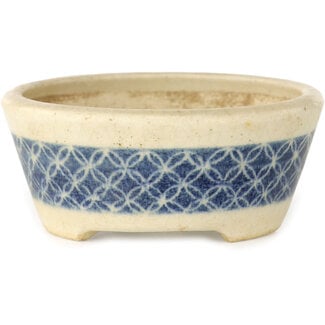 Horie Bikoh Maceta de bonsái redonda de 93 mm con craquelado blanco y cinta azul, de Horie Bikoh, Fukushima