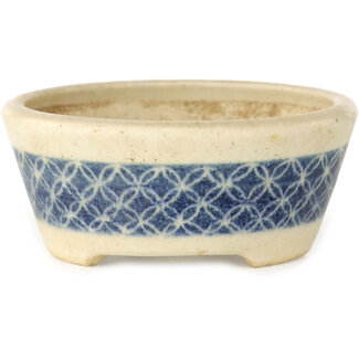 Horie Bikoh Vaso bonsai rotondo da 93 mm in craquelé bianco con nastro blu di Horie Bikoh, Fukushima