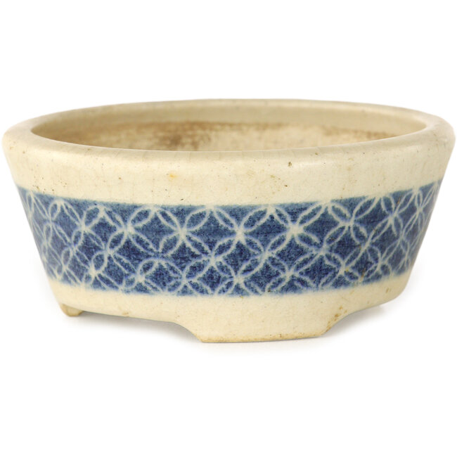 Vaso bonsai rotondo bianco craquelé con nastro blu di Horie Bikoh - 93 x 93 x 40 mm