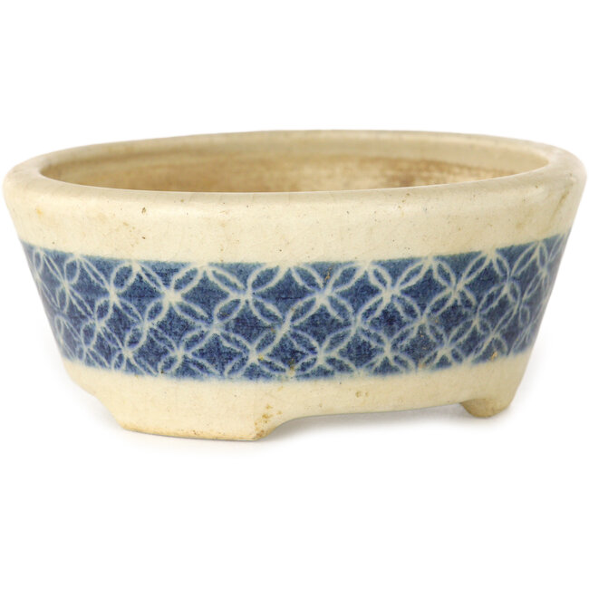 Round white craquelé with a blue ribbon bonsai pot by Horie Bikoh - 93 x 93 x 40 mm