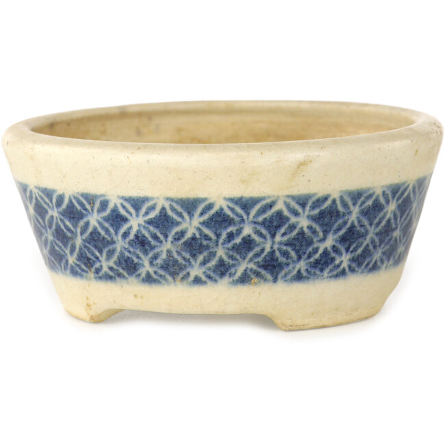 Round white craquelé with a blue ribbon bonsai pot by Horie Bikoh - 93 x 93 x 40 mm