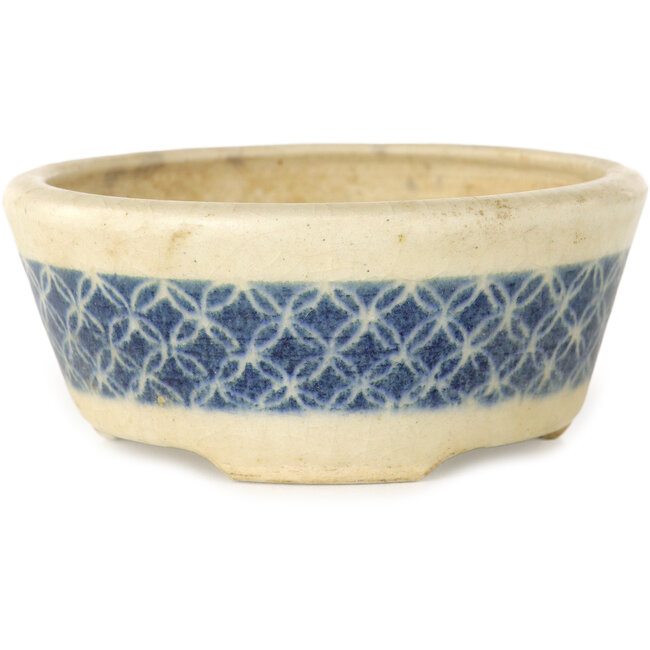 Vaso bonsai rotondo bianco craquelé con nastro blu di Horie Bikoh - 93 x 93 x 40 mm