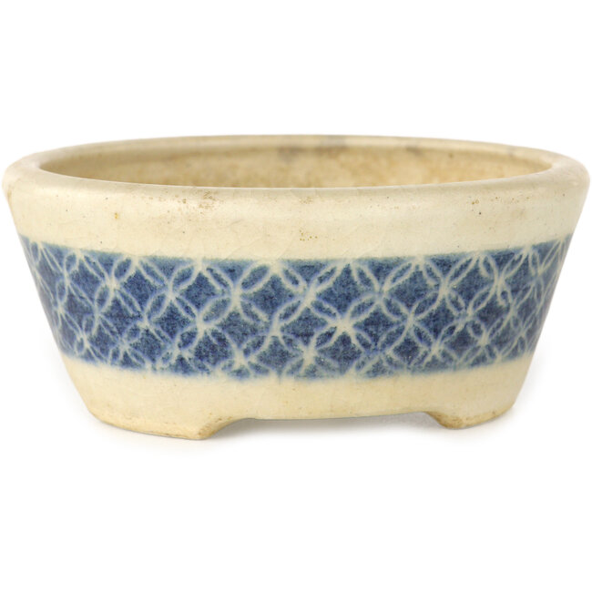 Vaso bonsai rotondo bianco craquelé con nastro blu di Horie Bikoh - 93 x 93 x 40 mm