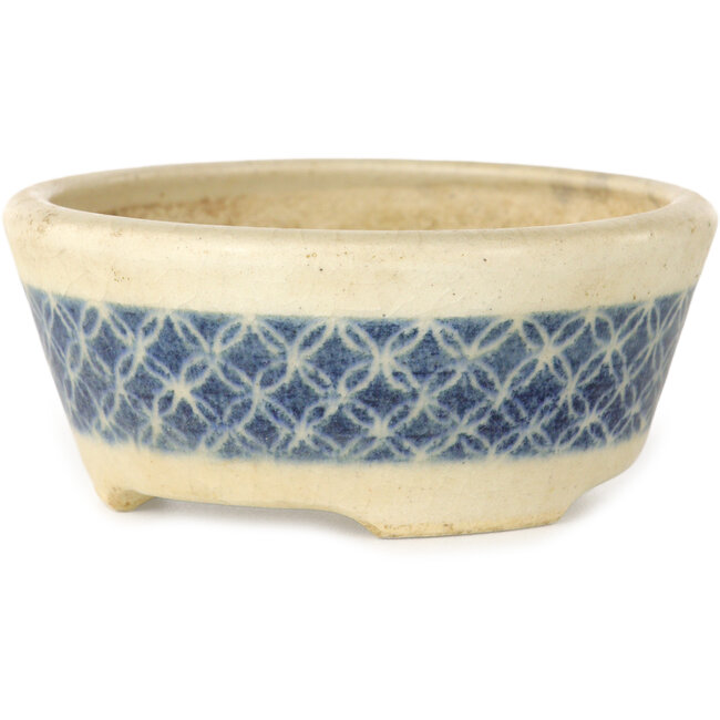 Round white craquelé with a blue ribbon bonsai pot by Horie Bikoh - 93 x 93 x 40 mm