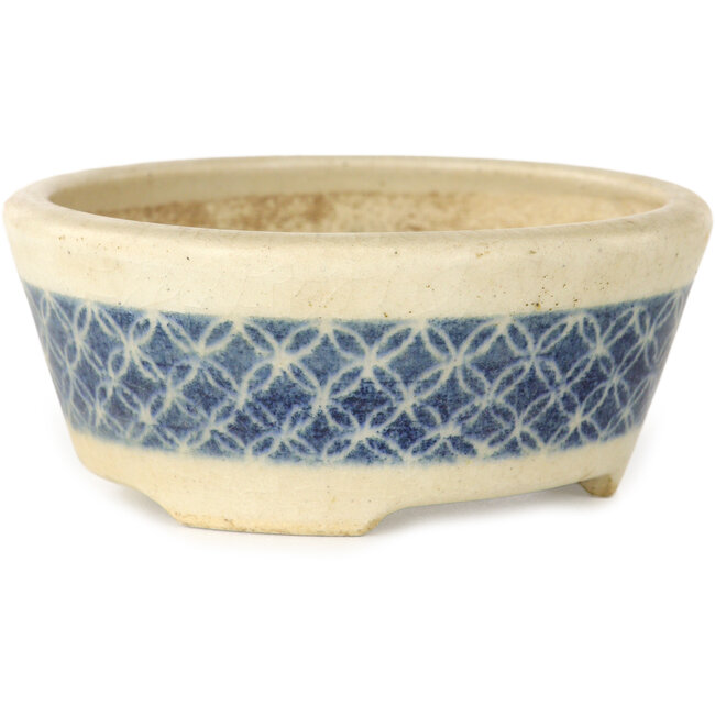 Maceta redonda de bonsái craquelé blanca con cinta azul de Horie Bikoh - 93 x 93 x 40 mm