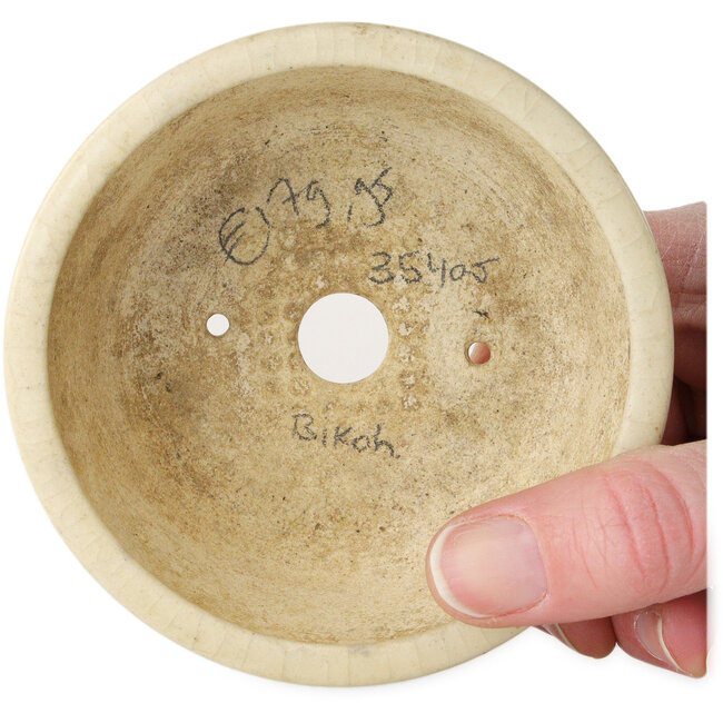 Pot à bonsaï rond blanc craquelé avec ruban bleu, par Horie Bikoh - 93 x 93 x 40 mm