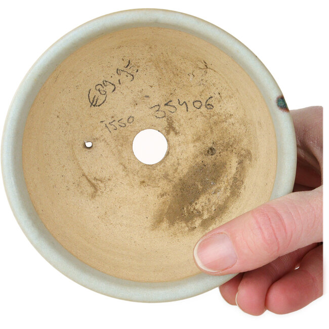 Round light blue with a red dot bonsai pot by Issho - 110 x 110 x 55 mm