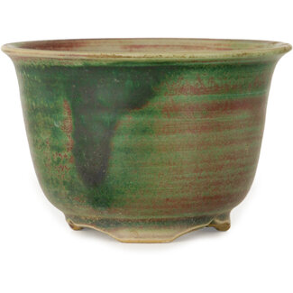 Iss(h)o/ou 102 mm round green and red bonsai pot by Issho, Japan