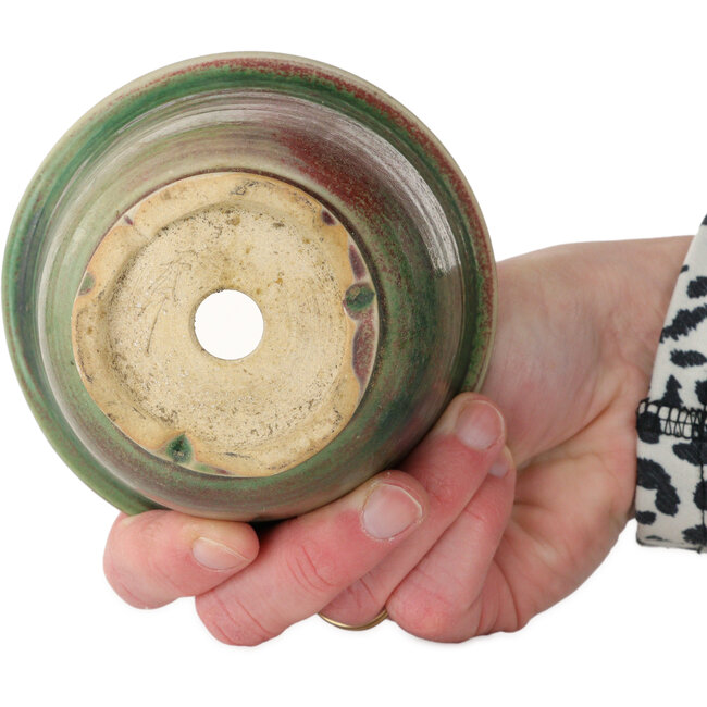 Round green and red bonsai pot by Issho - 102 x 102 x 68 mm