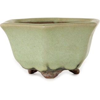 Heian Chikuzan 110 mm hexagonal green craquelé bonsai pot by Heian Kozan, Kyoto, Japan