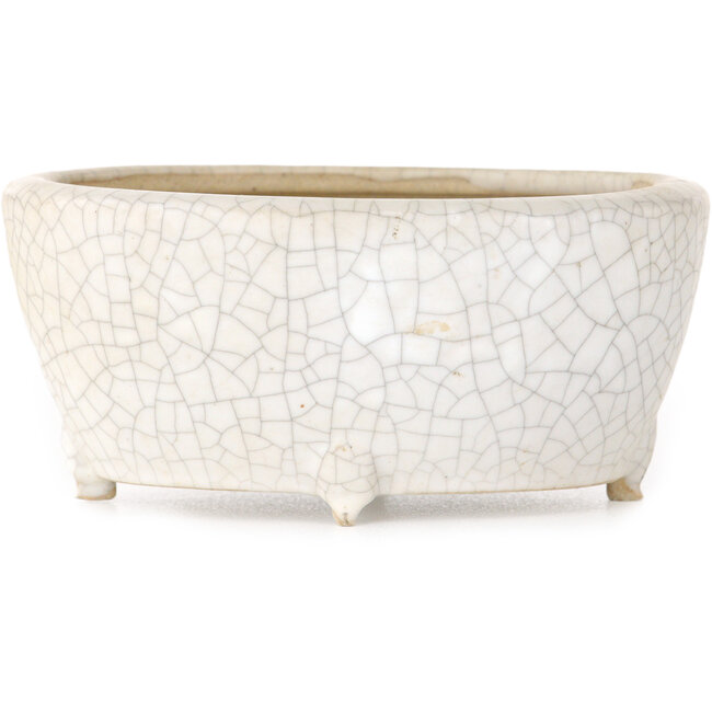Oval white craquelé bonsai pot by Eime Yozan - 92 x 72 x 42 mm
