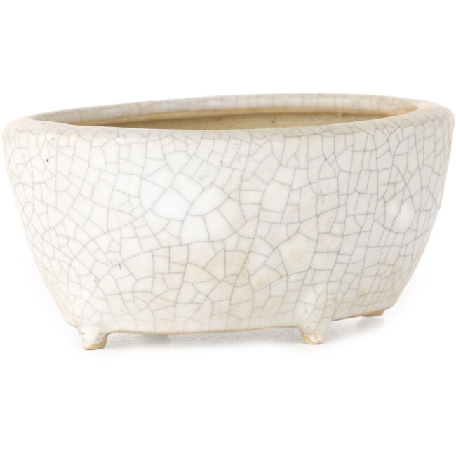Oval white craquelé bonsai pot by Eime Yozan - 92 x 72 x 42 mm