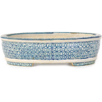 Shibakatsu (Katsuichi Shibata) 130 mm oval white, blue and red bonsai pot by Shibakatsu, Tokoname, Japan