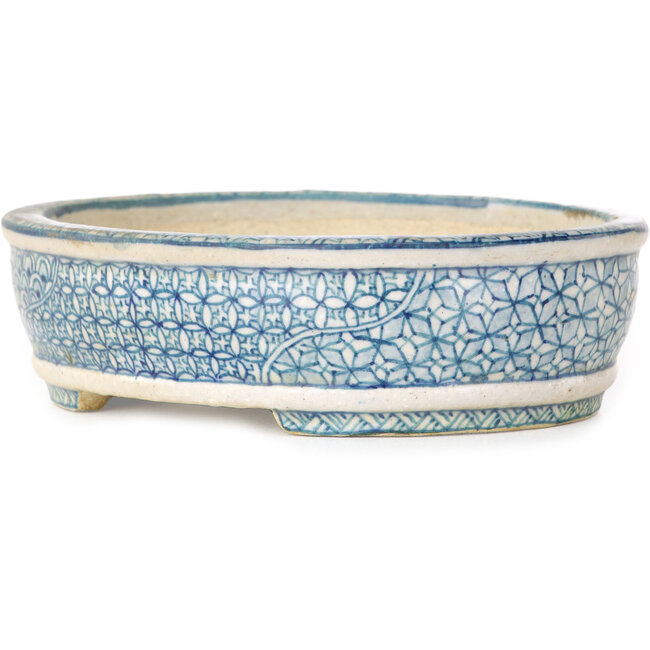 Maceta ovalada para bonsái blanca, azul y roja de Shibakatsu - 130 x 105 x 35 mm