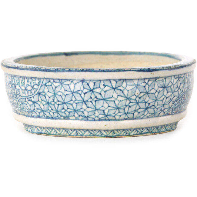 Oval white, blue and red bonsai pot by Shibakatsu - 130 x 105 x 35 mm
