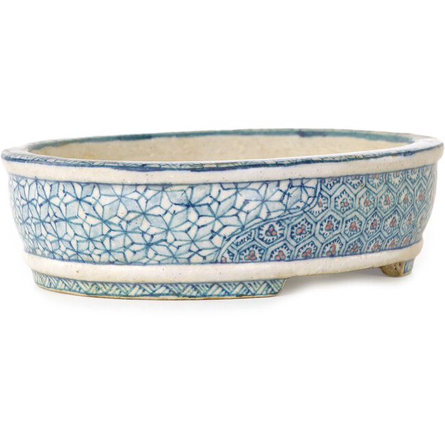 Oval white, blue and red bonsai pot by Shibakatsu - 130 x 105 x 35 mm