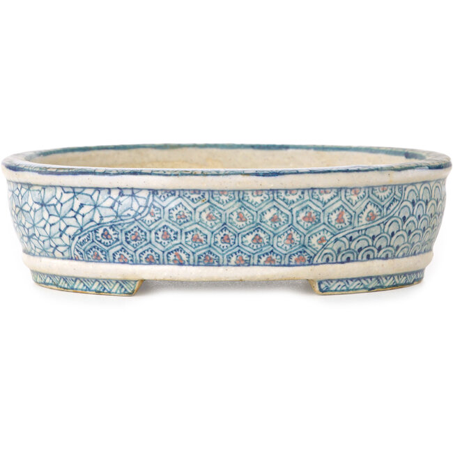 Vaso bonsai ovale bianco, blu e rosso di Shibakatsu - 130 x 105 x 35 mm