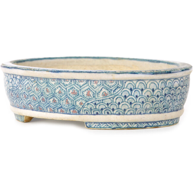 Ovale bonsaipot in wit, blauw en rood van Shibakatsu - 130 x 105 x 35 mm