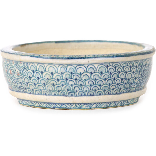 Oval white, blue and red bonsai pot by Shibakatsu - 130 x 105 x 35 mm