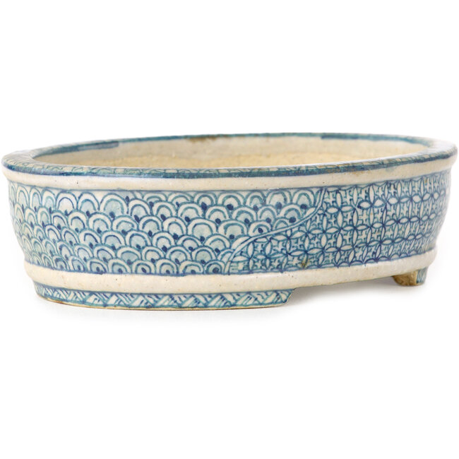 Pot à bonsaï ovale blanc, bleu et rouge de Shibakatsu - 130 x 105 x 35 mm