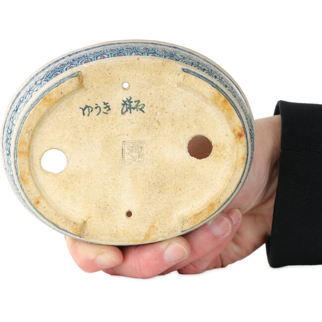 Oval white, blue and red bonsai pot by Shibakatsu - 130 x 105 x 35 mm