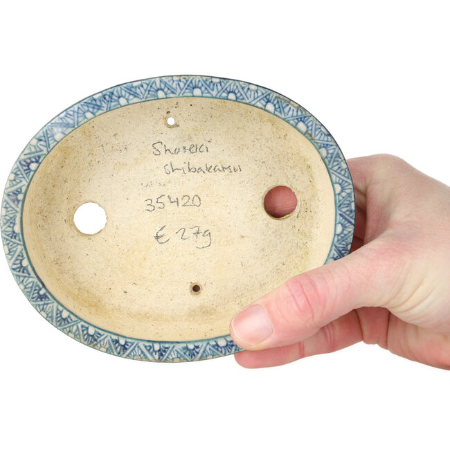 Pot à bonsaï ovale blanc, bleu et rouge de Shibakatsu - 130 x 105 x 35 mm