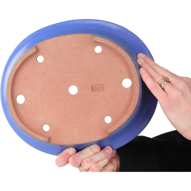 Oval blue bonsai pot by Seizan (Reihou, Kataoka Katsushi, master Seizan kiln) - 285 x 245 x 78 mm