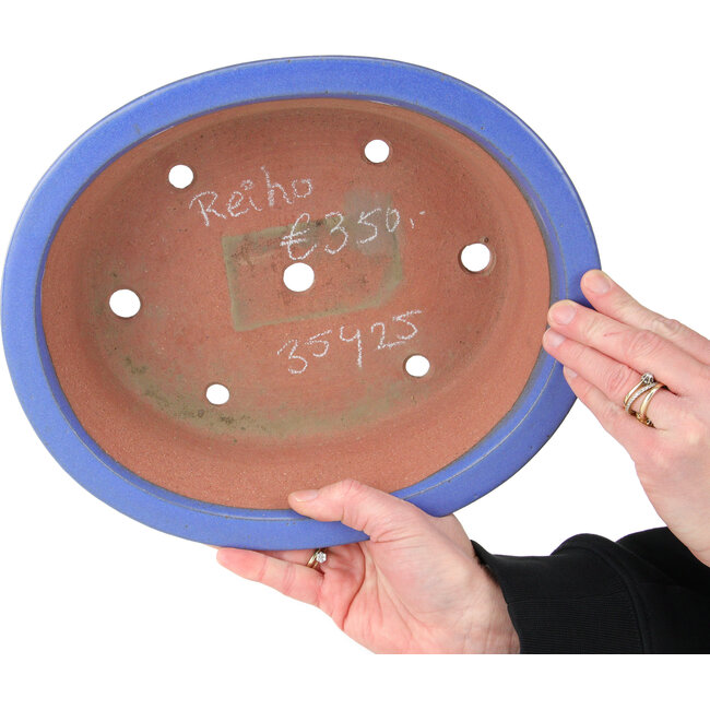 Oval blue bonsai pot by Seizan (Reihou, Kataoka Katsushi, master Seizan kiln) - 285 x 245 x 78 mm
