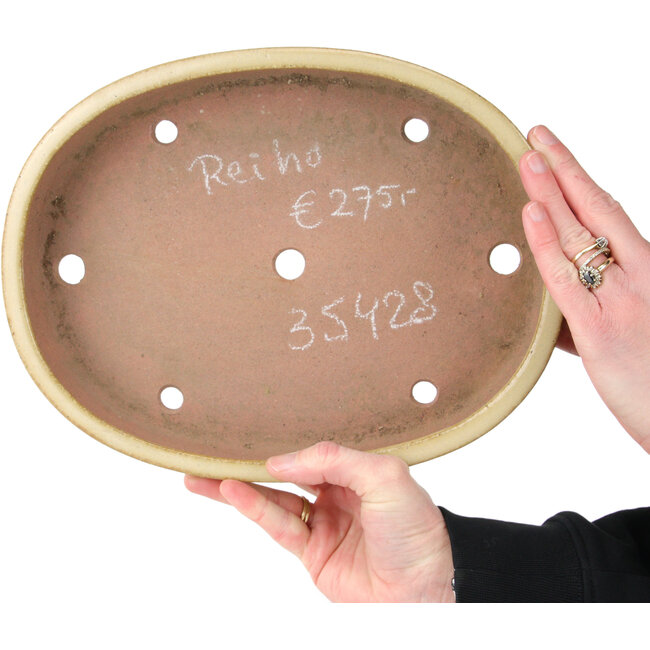 Oval off-white bonsai pot by Seizan (Reihou, Kataoka Katsushi, master Seizan kiln) - 285 x 217 x 50 mm